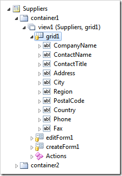 Configuratoin of 'grid1' view in data controller 'Suppliers' displayed in Project Designer.
