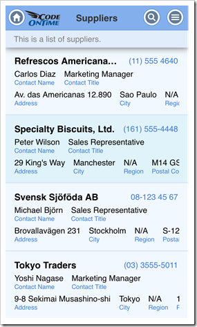 An example of partially visible data fields displayed in a grid view with 'List' style in an app with Touch UI.
