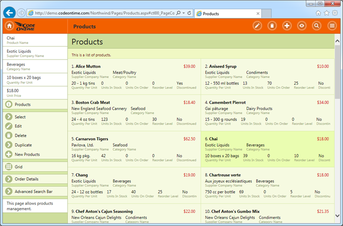 A list of products displayed with 'Condensed' density on a desktop computer in IE11.