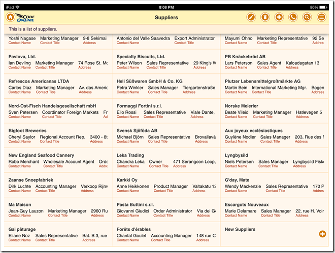 A three-column list of suppliers in an app with Touch UI displayed on iPad Air. The app has been created with Code On Time generator.