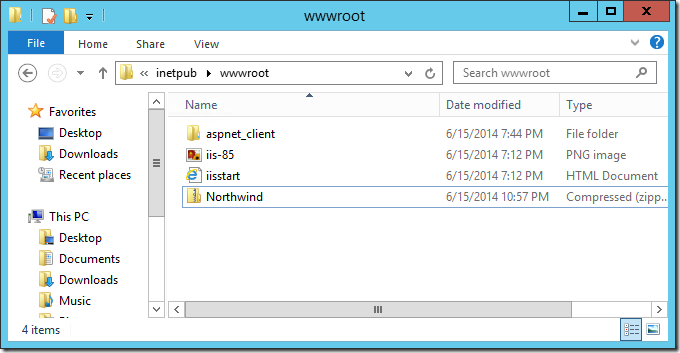 Pasting the zipped web app into the inetpub/wwwroot folder.