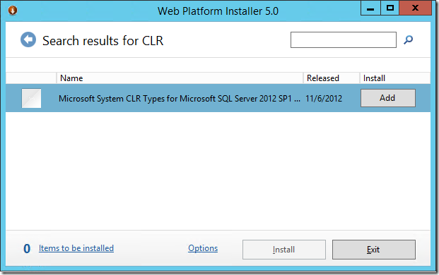 Installing MS System CLR types for SQL Server using Web Platform Installer 5.0.