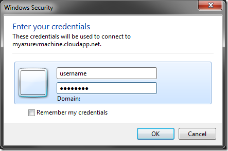 Entering credentials for the remote virtual machine.