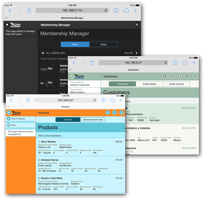 The Membership, Customrs, and Products pages using the themes Dark, Summer, and Plastic, respectively.