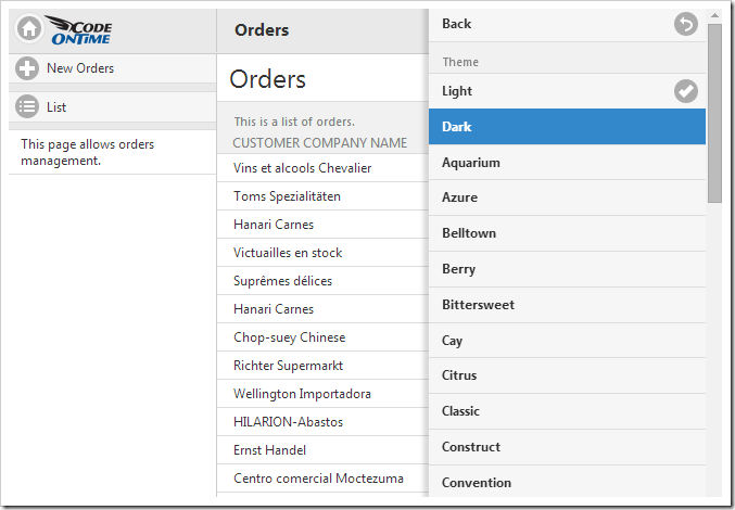 Viewing the list of available themes in TouchUI.