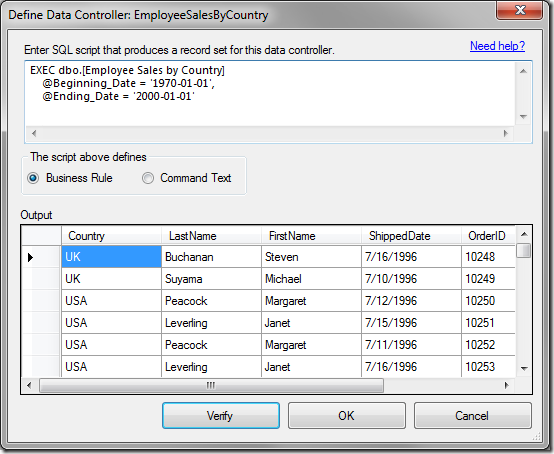 The script has been verified and the results can be seen in the data grid on the "Define Data Controller" window.
