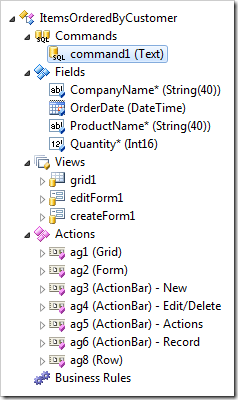 Data controller elements created using the "Generate From SQL" option.