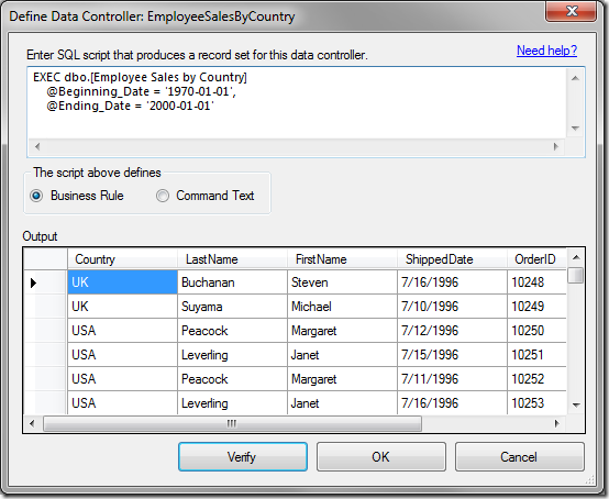 Defining a result set from an SQL query.