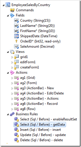 The generated controller from defining a result set.