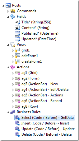 The views, actions, data fields, and business rules have been generated from the field definitions.