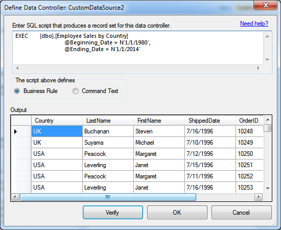Configuring a data controller based on a stored procedure in Code On Time.
