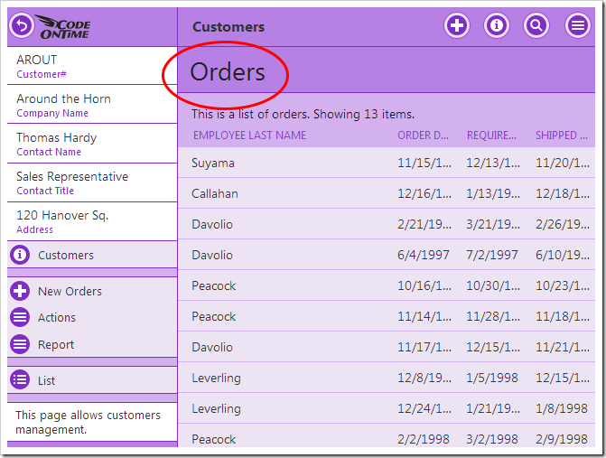 The "Orders" page header is displayed below the title bar.