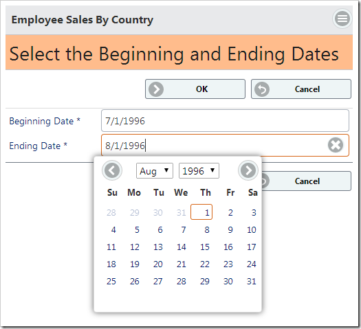 The confirmation controller form allows the user to select a beginning and ending date to pass to the stored procedure.