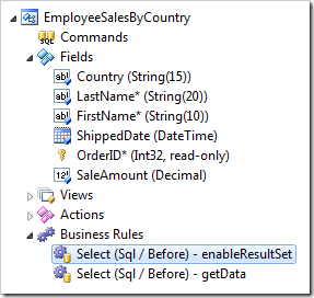 Selecting the 'enableResultSet' business rule from the EmployeeSalesByCountry controller.