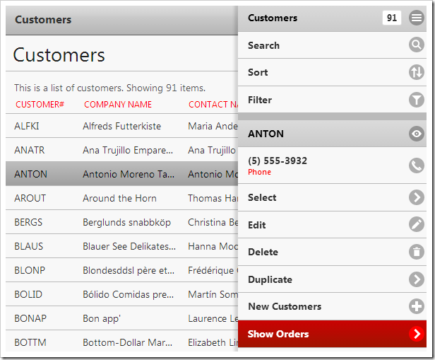 Activating the "Show Orders" action on the Customers page.