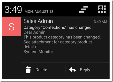 An email notification on an Android device generated by an Email Business Rule of an app produced with Code On Time.