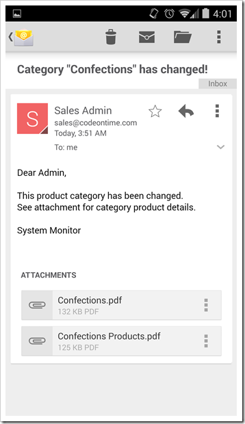An email notification with two report attachments produced by Touch UI app created with Code On Time.