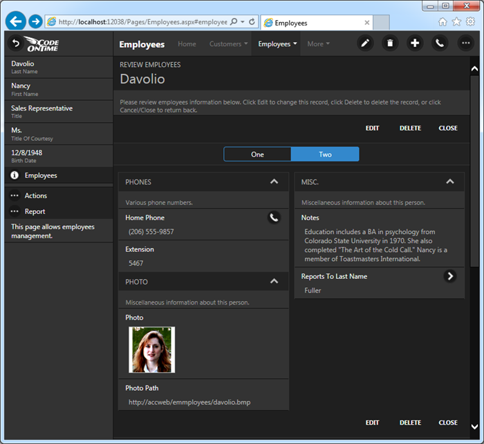 Multi-column tabbed form in a Touch UI app created with Code On Time.