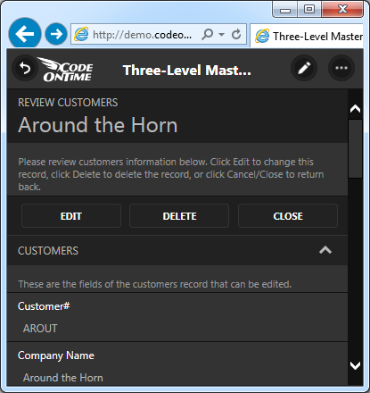 Form buttons with outlines (button shapes are 'on') in a Touch UI app created with Code On Time.