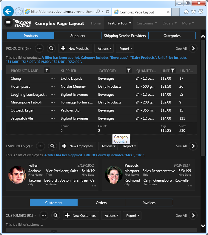 Aggregates displayed at the bottom of the product responsive grid in a Touch UI app created with Code On Time.