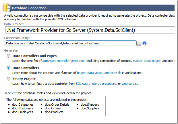 Choosing specific tables to be used for generation of data controllers and SPAs in a Touch UI app.