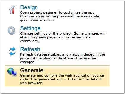 Starting project code generation in Code On Time.