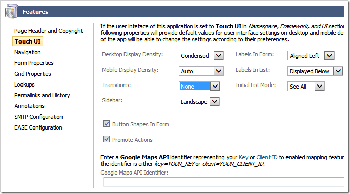 Specifying default configuration settings for the Touch UI application.