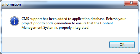 Confirmation of succesful installation of CMS in the project database.