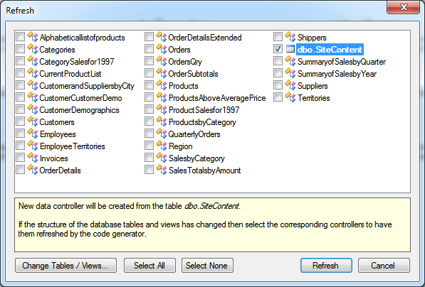 Content management system table SiteContent is visible in the list of existing data controllers in the app created with Code On Time.