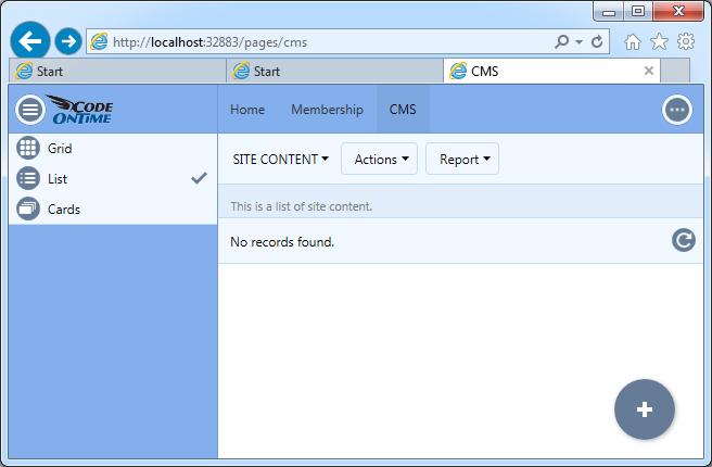 Content management screen of integrated CMS.