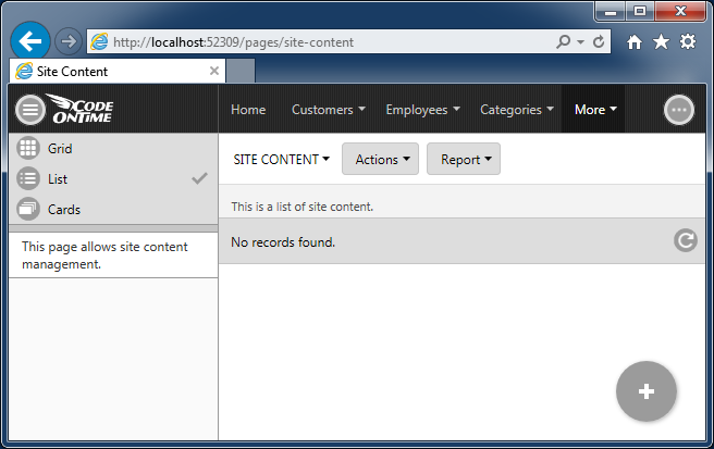 Default Site Content management screen for integrated CMS.