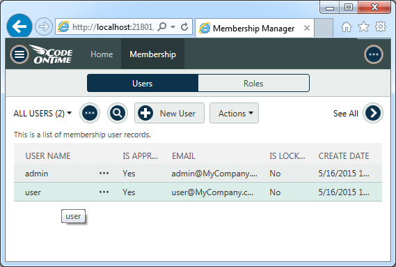 User and role management screen in a line-of-business app created with Code On Time.