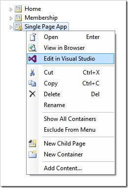 Activating Visual Studio to modify the page of an app created with Code On Time application generator.