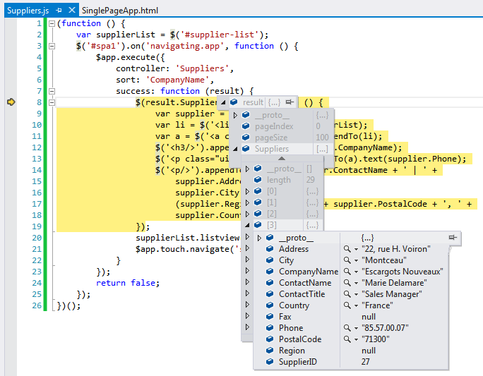 Inspecting JSON response returned from the server components of the SPA app created with Code On Time.