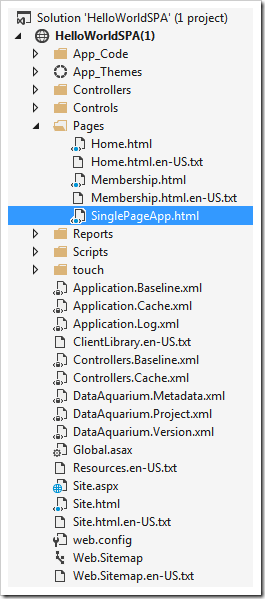 The structure of the application created with Code On Time displayed in Solution Explorer of Visual Studo.
