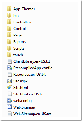 The structure of the published application created with Code On Time line-of-business application generator displayed in Windows Explorer.