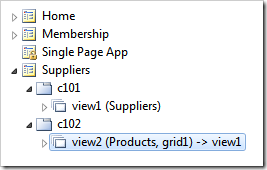 A master-detail configuration of two data views on single page of SPA.