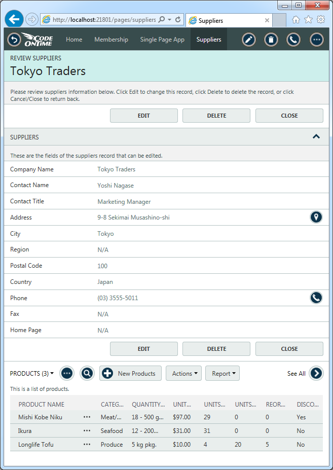 Master-detail view of a supplier and linked products in the applicaiton created with Code On Time line-of-business app generator.