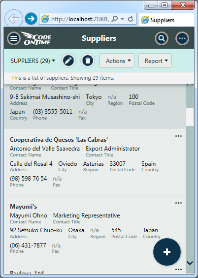 List view of suppliers in the app created with Code On Time.