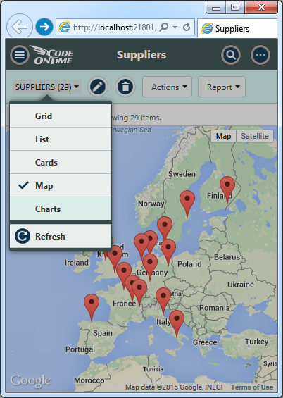 Map view of suppliers in the app created with Code On Time.
