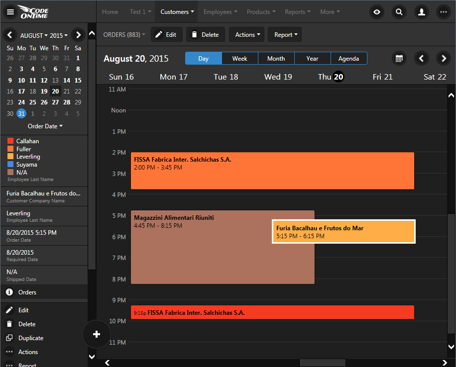 'Day' mode in calendar view of an app created with Code On Time.