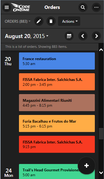 'Agenda' view in Calendar view style of an app created with Code On Time displayed on a screen with small form factor.