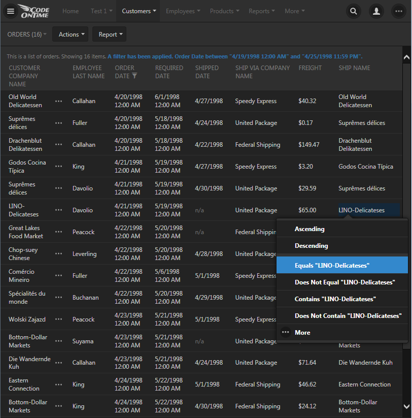 Long press brings up a context menu with data sensitive options in an app created with Code On Time.