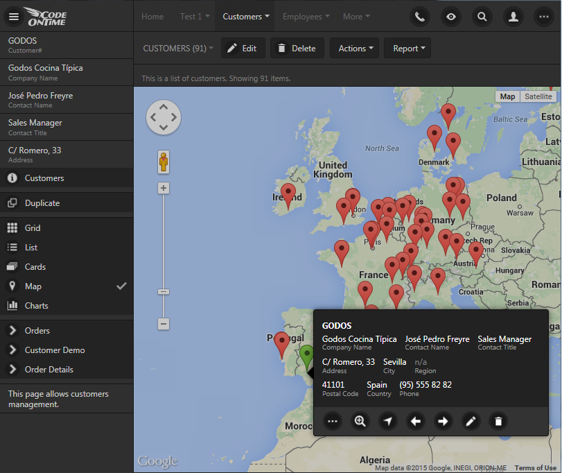 'Map' view style in an app created with Code On Time.