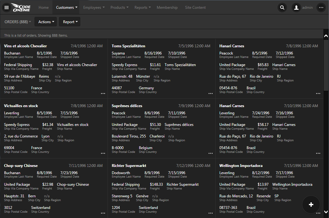 Large screen will display cards in multiple columns in a line-of-business database app created with Code On Time.