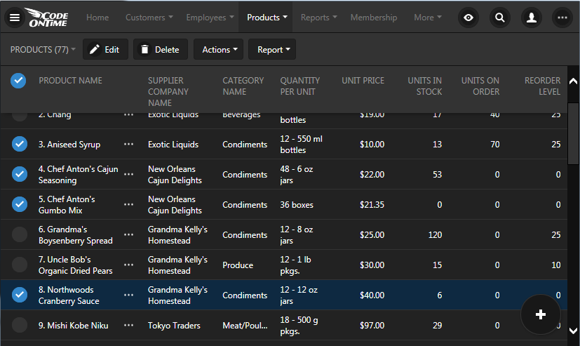 A responsive grid of data items with multiple selection controls in an app created with Code On Time.