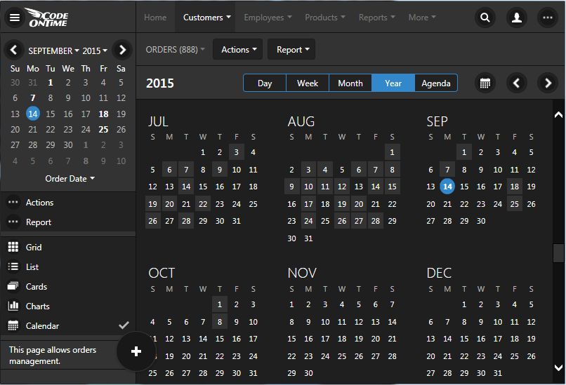 Year mode provides a great summary of events in the database when displayed in Calendar view style of an app created with Code On Time line-of-business database app generator.