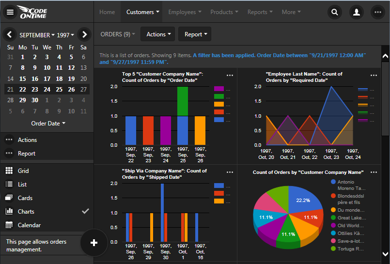 Charts view style responds to data filters including the ones applied from mini-calendar in an app created with Code On Time.