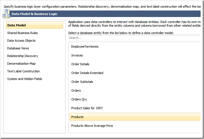 A list of database entities in a Code On Time project wizard.