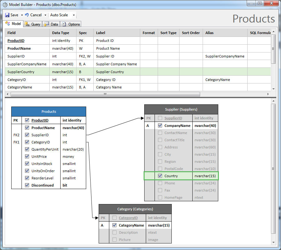 Model Builder displays configuration of Products entity in a line-of-business application created with Code On Time.